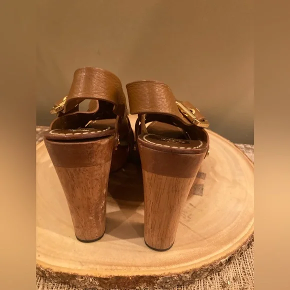 Tory Burch Brown Woven Leather Chunky Wooden Platform Heel Jodie Sandal size 8.5